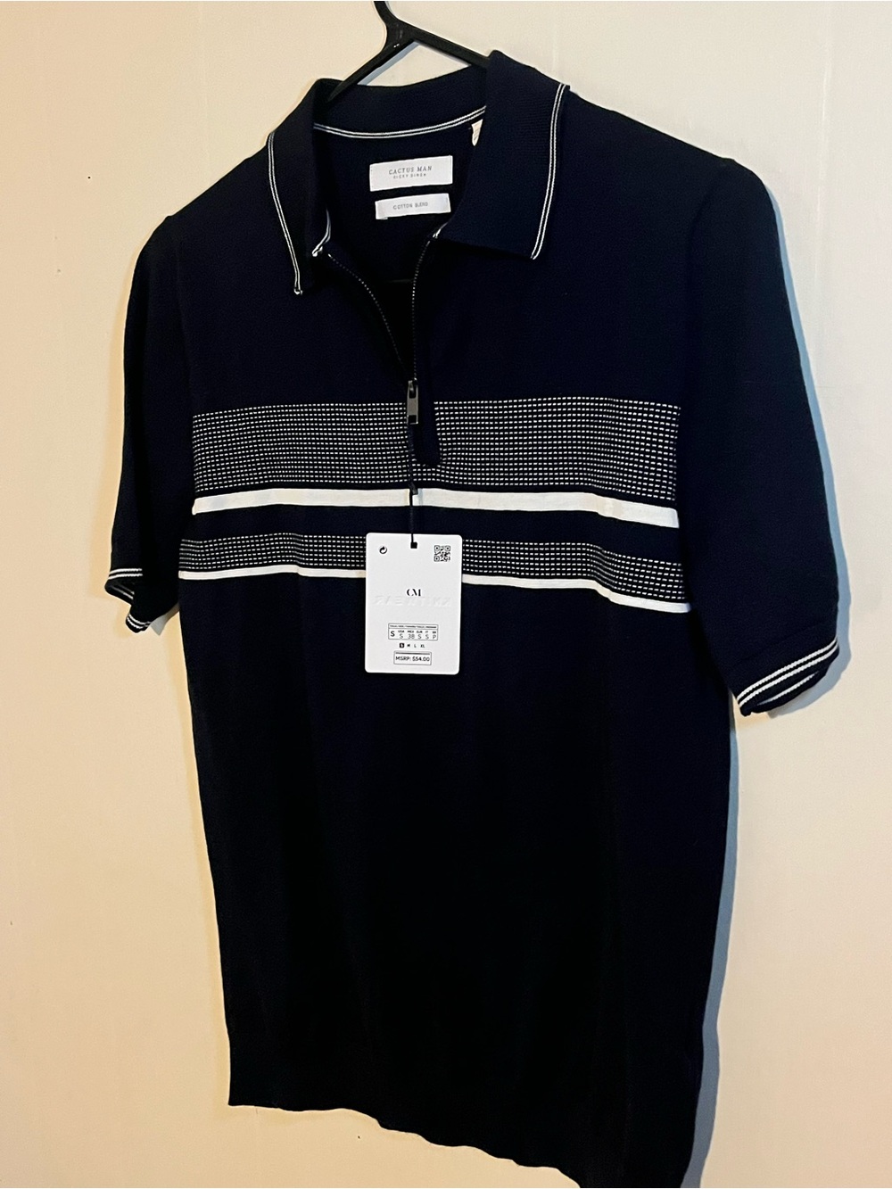Cotton Mesh Zip Polo Shirt - Navy with White Stripes